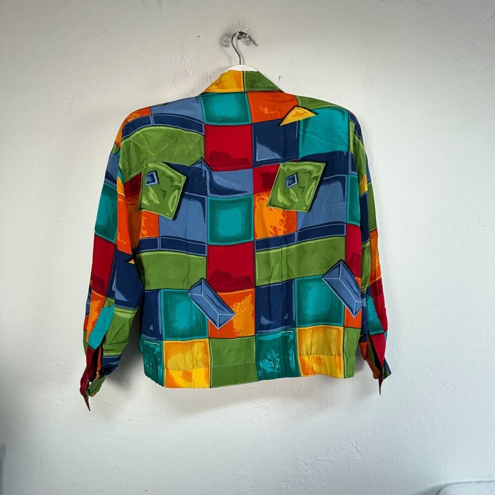 Linda Allard Ellen Tracy Womens Colorful Geometric Silk Blazer Jacket Size 4 - Picture 2 of 8